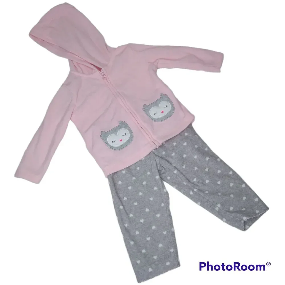 Carters Outfit Baby Girl 3 6m Fleece Jacket Pants Owls Valentine Hearts Warm Cat